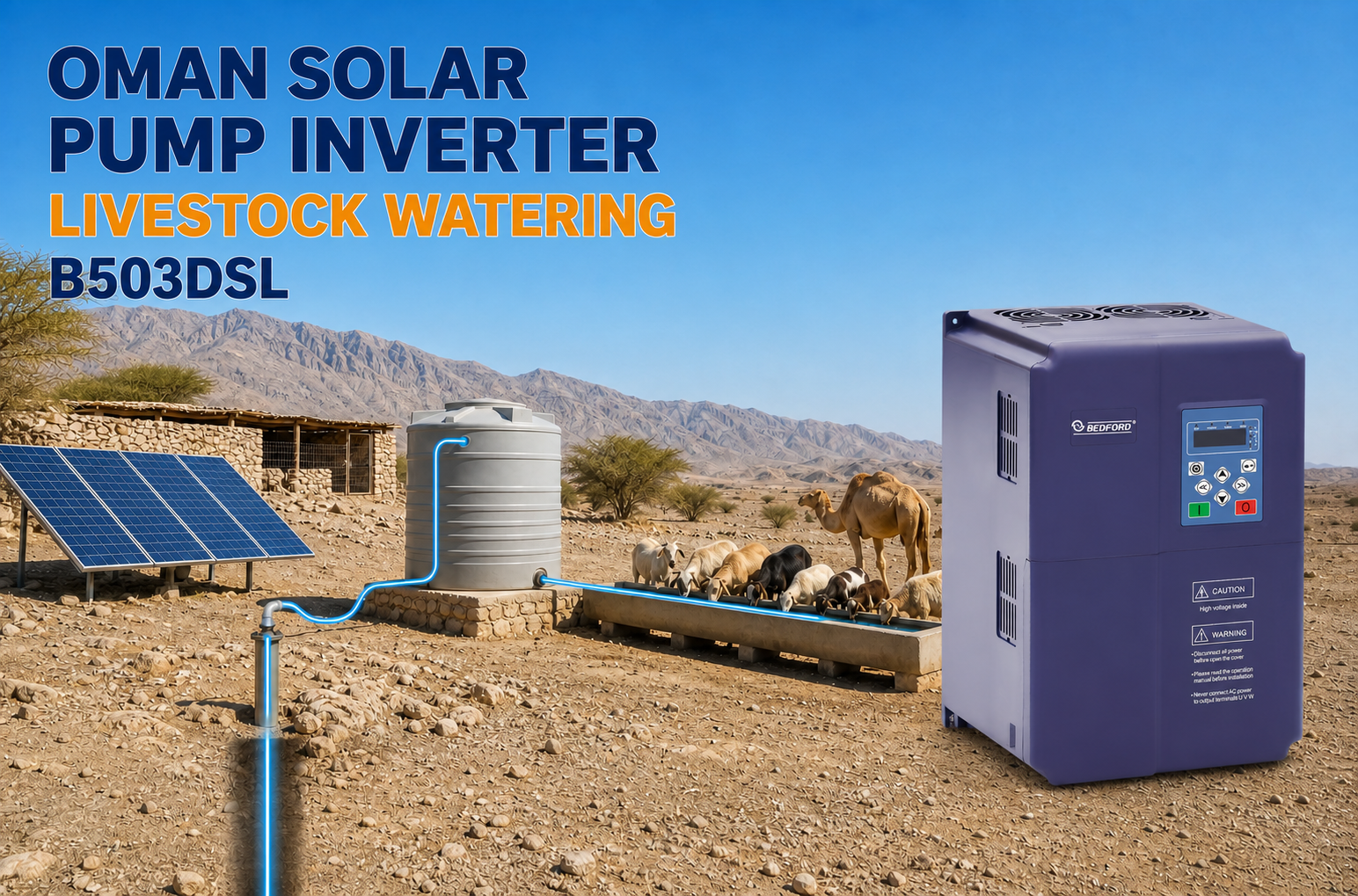 Oman solar pump inverter system for remote livestock watering with BEDFORD B503DSL