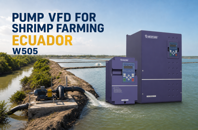 pump VFD for shrimp farming Ecuador with BEDFORD W505 and coastal water ponds