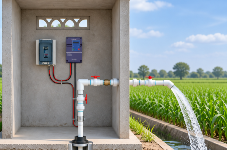 Solar irrigation in Panama: solar panels beside a blue water storage tank