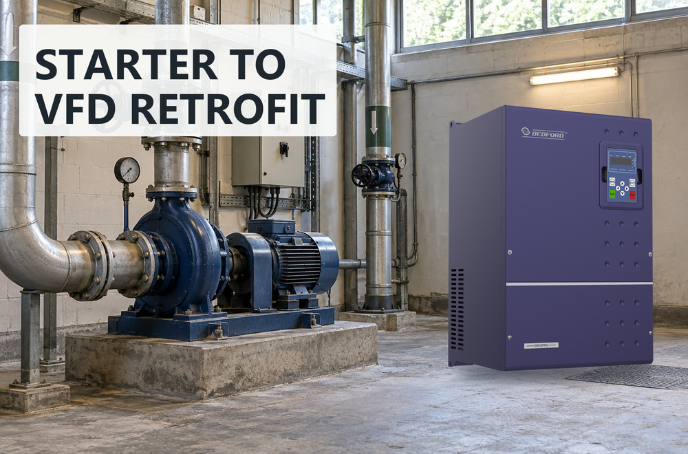 HVAC pump starter retrofit with BEDFORD B603PRO VFD in a commercial pump room