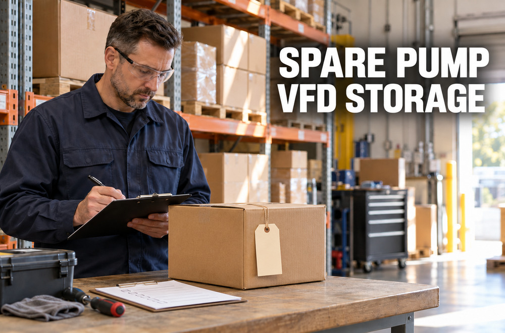 Stockroom worker reviewing spare pump VFD storage records beside sealed cartons