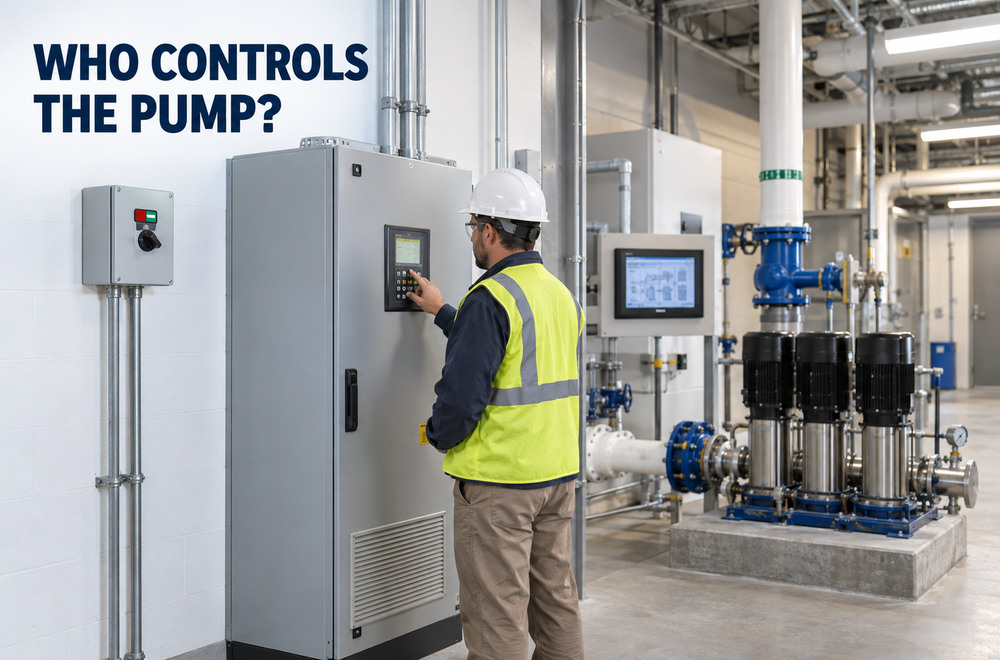 Technician checking control ownership in a building pump room
