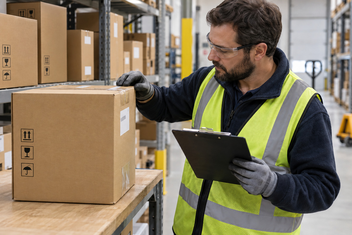 Warehouse worker checking sealed cartons and stock records