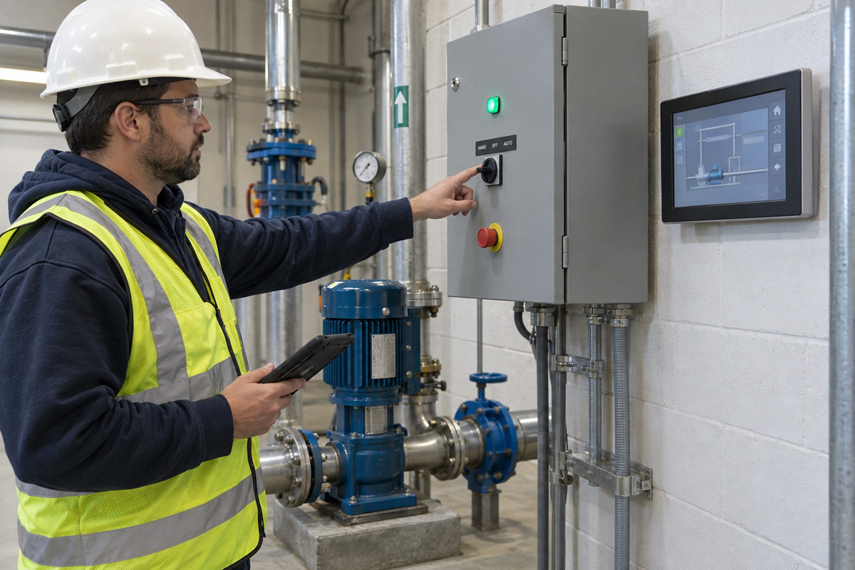 Technician at a local pump selector beside a separate building control display