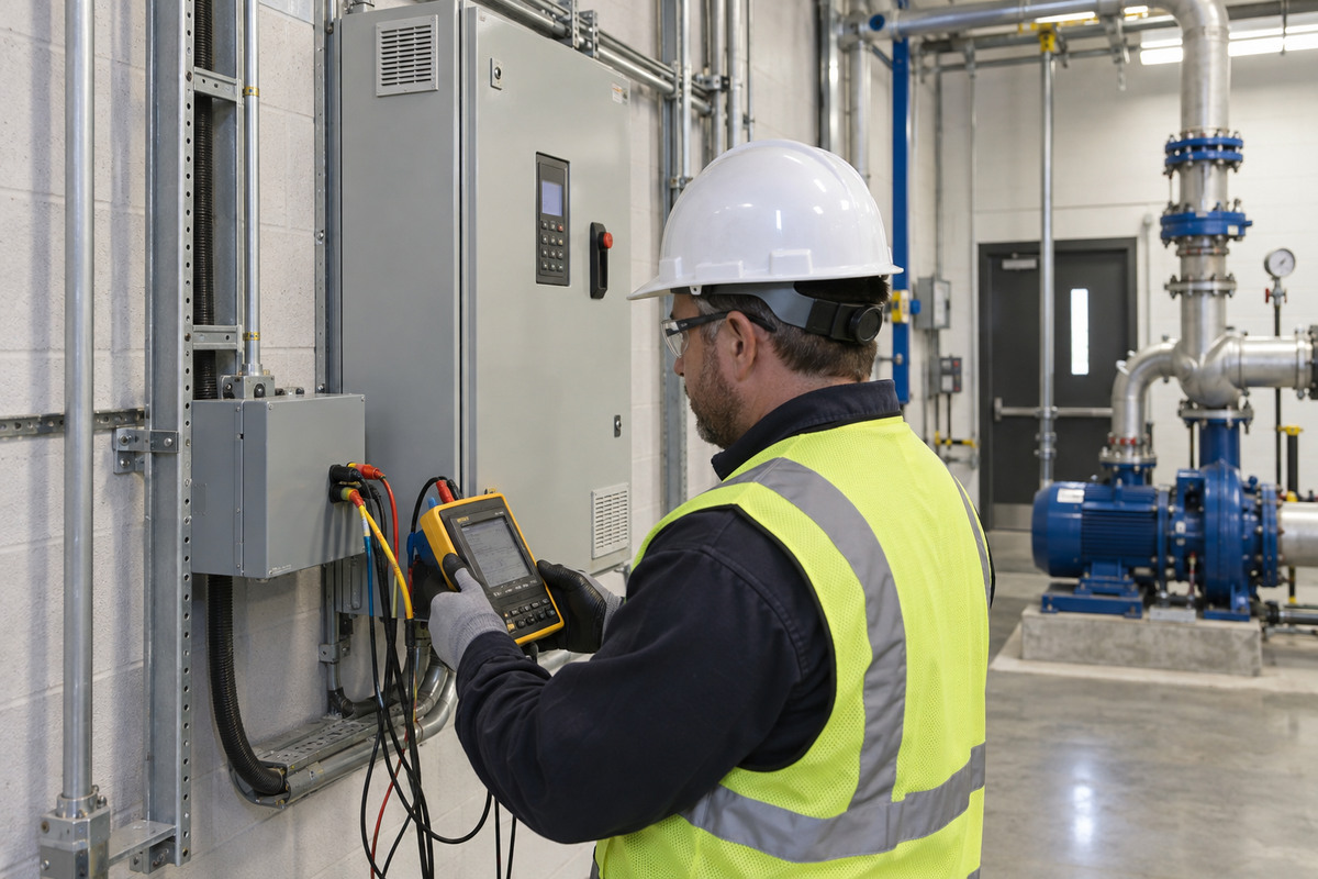 Technician checking supply conditions near a pump VFD cabinet