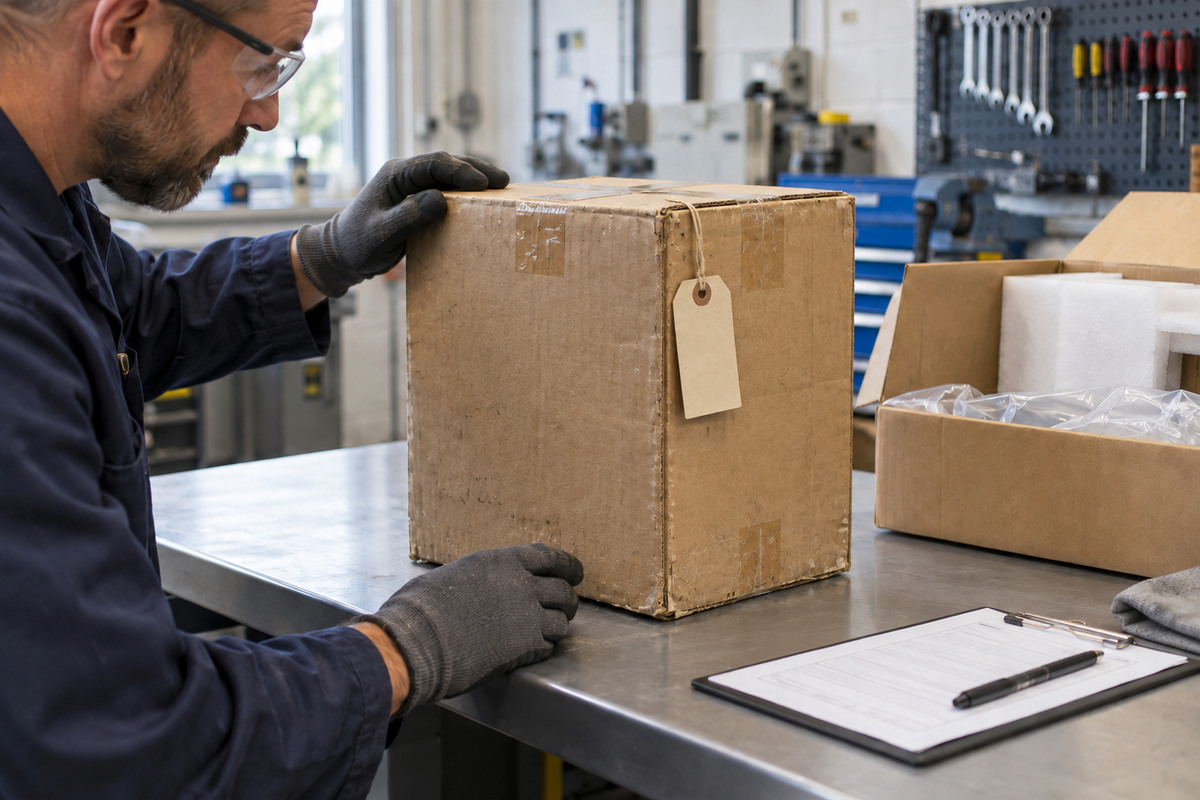 Technician checking a sealed spare-equipment carton at a service bench