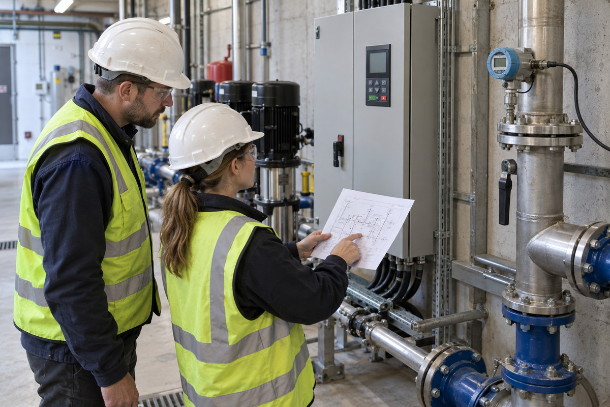 Commissioning team comparing a pump control map with a closed drive cabinet
