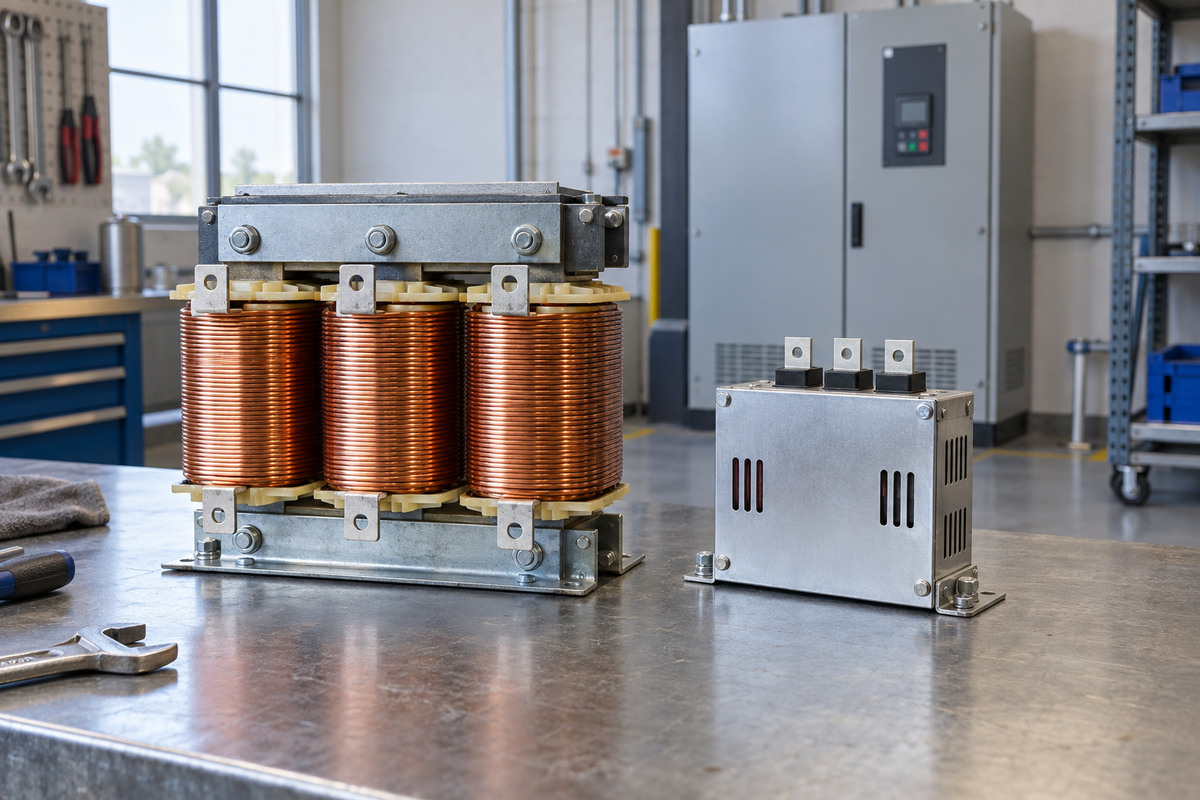 Unenergized three-phase reactor and separate electrical accessory on a workshop bench